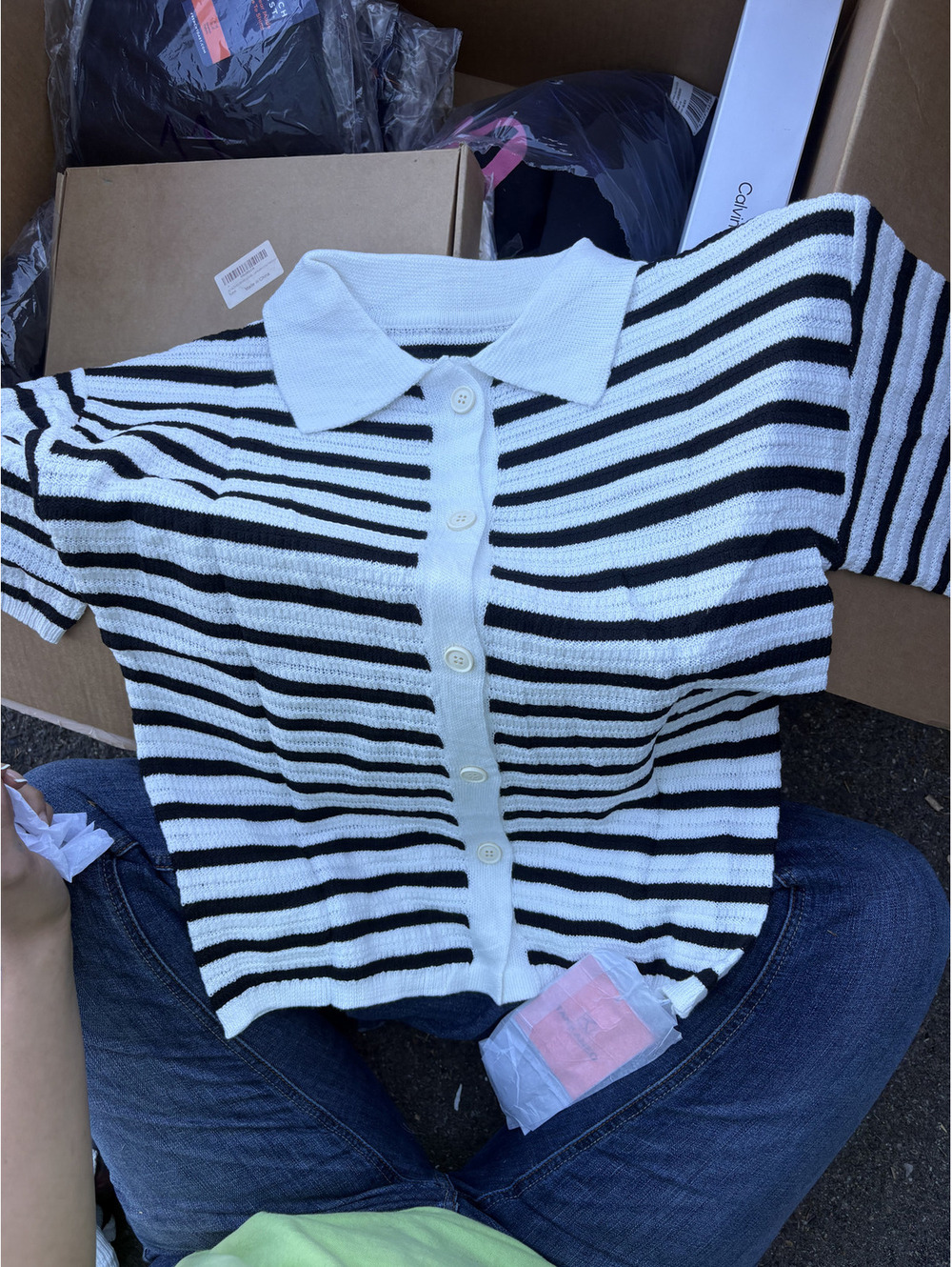 NWT Black & White Striped Knit Short Sleeve Button Polo & Shorts Set Small